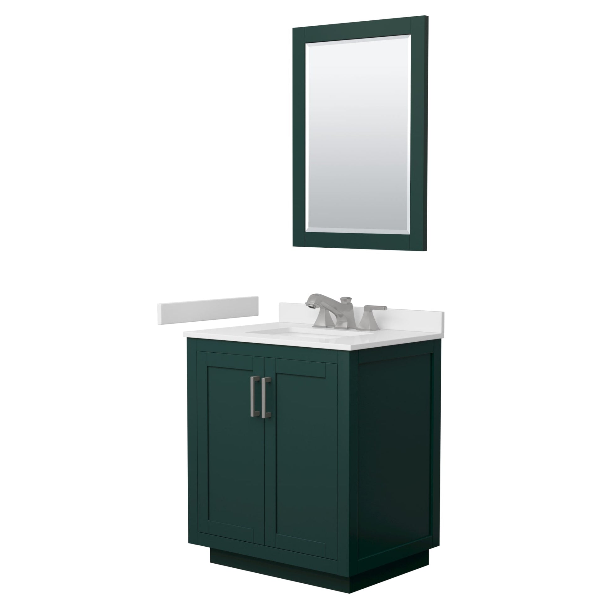 Wyndham Collection Miranda 30" Single Bathroom Vanity in Green, White Cultured Marble Countertop, Undermount Square Sink (3-Hole), Brushed Nickel Trim and 24" Mirror