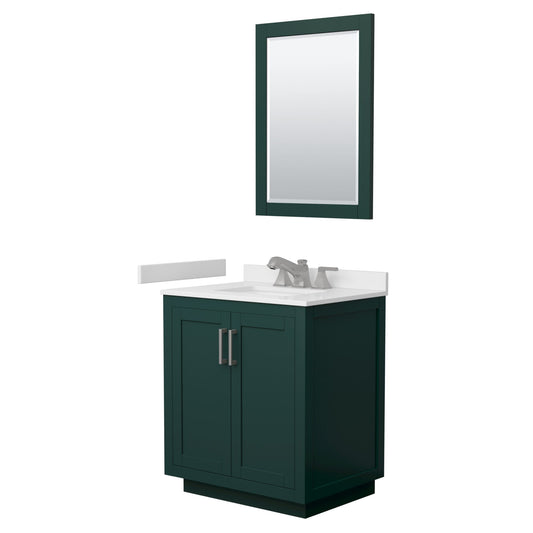 Wyndham Collection Miranda 30" Single Bathroom Vanity in Green, White Cultured Marble Countertop, Undermount Square Sink (3-Hole), Brushed Nickel Trim and 24" Mirror