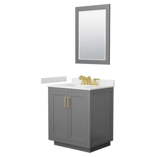 Wyndham Collection Miranda 30" Single Bathroom Vanity in Dark Gray, Carrara Cultured Marble Countertop, Undermount Square Sink (3-Hole), Brushed Gold Trim and 24" Mirror