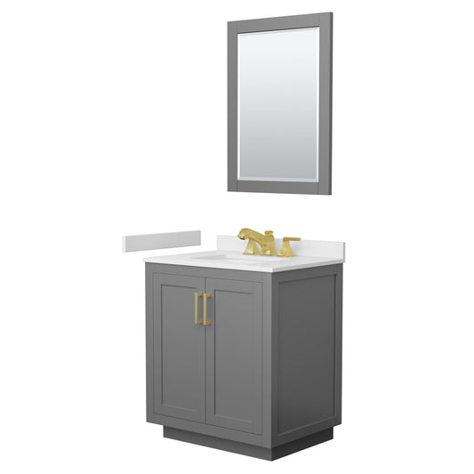 Wyndham Collection Miranda 30" Single Bathroom Vanity in Dark Gray, White Cultured Marble Countertop, Undermount Square Sink (3-Hole), Brushed Gold Trim and 24" Mirror