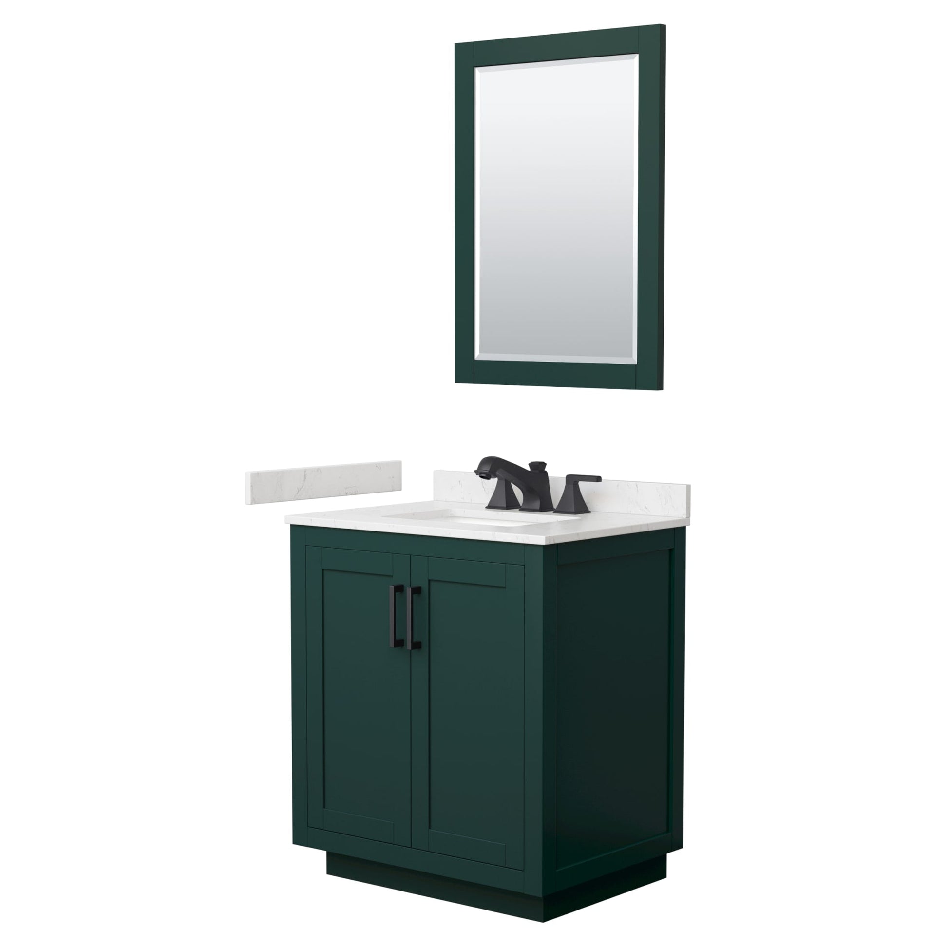 Wyndham Collection Miranda 30" Single Bathroom Vanity in Green, Carrara Cultured Marble Countertop, Undermount Square Sink (3-Hole), Matte Black Trim and 24" Mirror