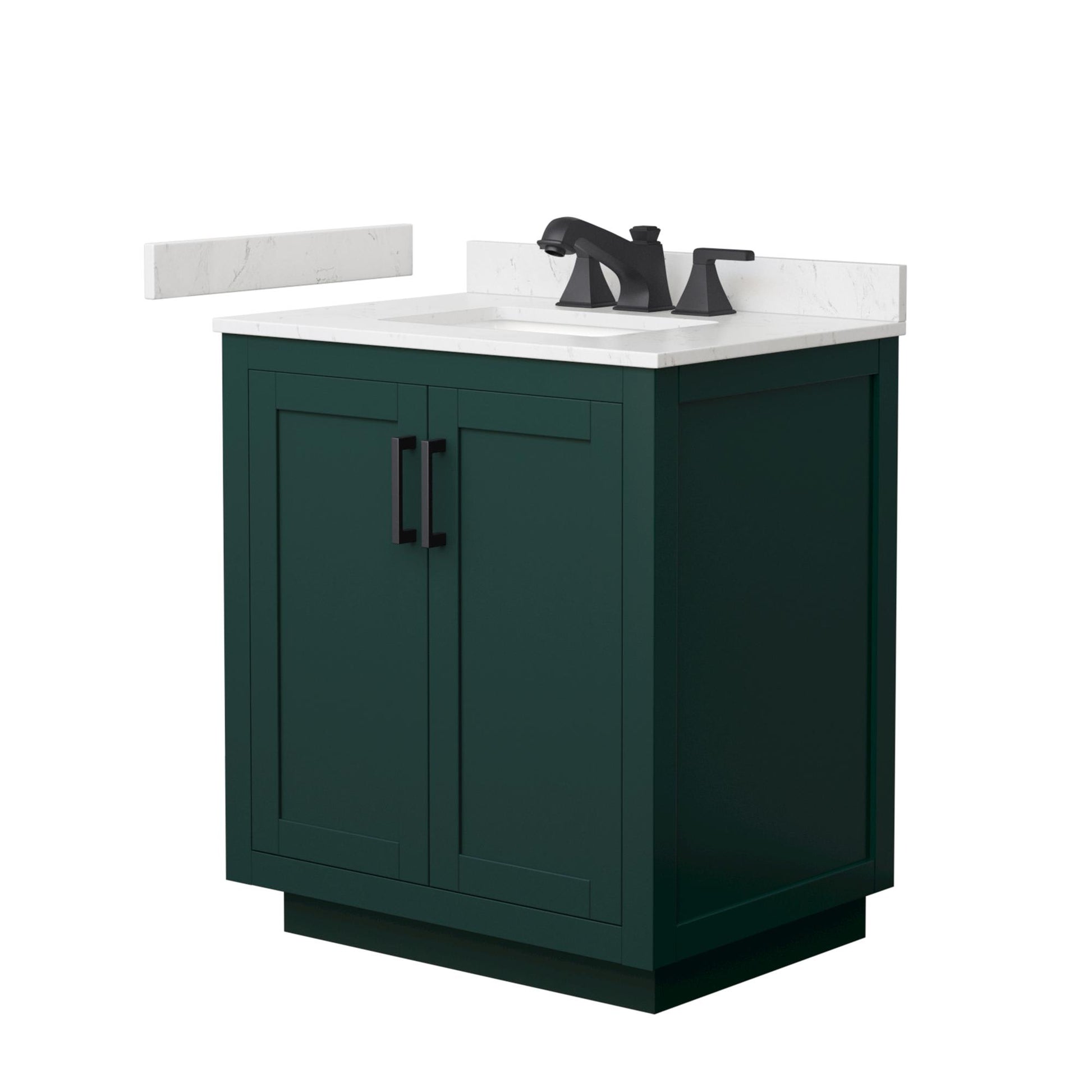 Wyndham Collection Miranda 30" Single Bathroom Vanity in Green, Carrara Cultured Marble Countertop, Undermount Square Sink (3-Hole), Matte Black Trim
