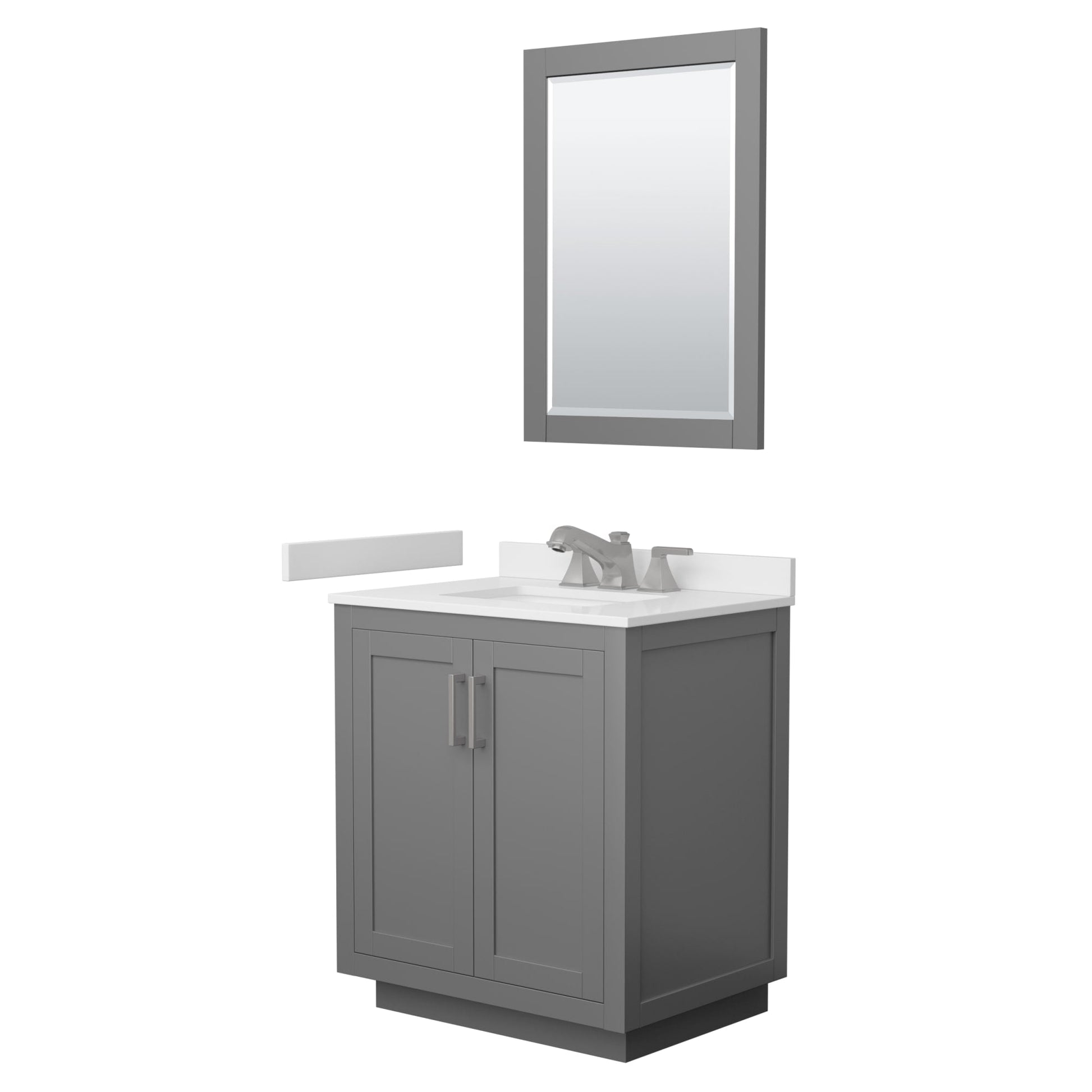 Wyndham Collection Miranda 30" Single Bathroom Vanity in Dark Gray, White Cultured Marble Countertop, Undermount Square Sink (3-Hole), Brushed Nickel Trim and 24" Mirror