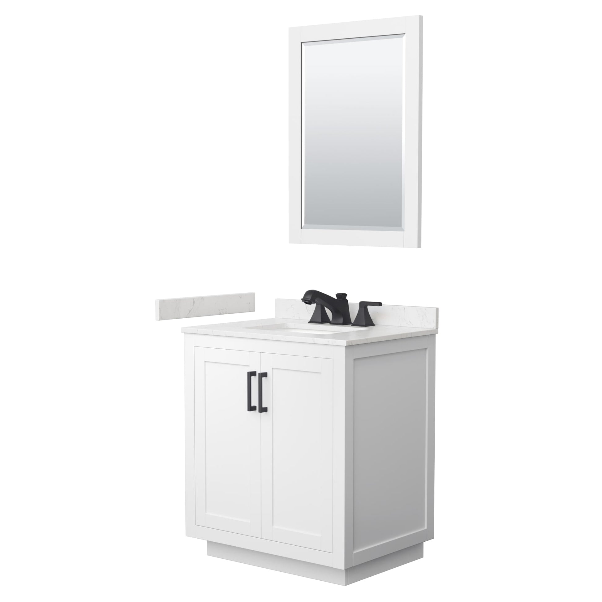 Wyndham Collection Miranda 30" Single Bathroom Vanity in White, Carrara Cultured Marble Countertop, Undermount Square Sink (3-Hole), Matte Black Trim and 24" Mirror