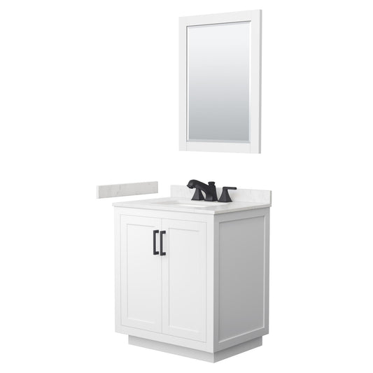 Wyndham Collection Miranda 30" Single Bathroom Vanity in White, Carrara Cultured Marble Countertop, Undermount Square Sink (3-Hole), Matte Black Trim and 24" Mirror