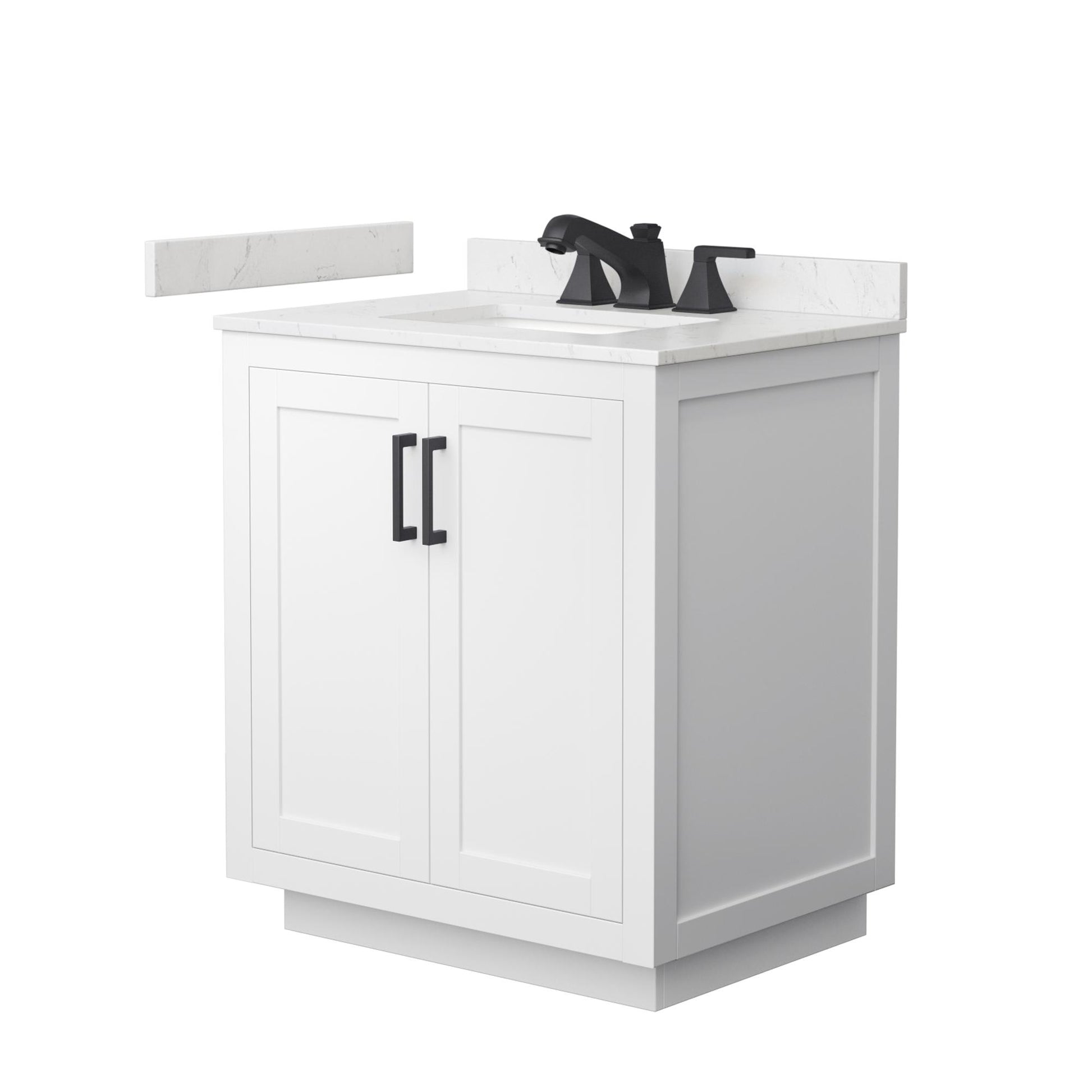 Wyndham Collection Miranda 30" Single Bathroom Vanity in White, Carrara Cultured Marble Countertop, Undermount Square Sink (3-Hole), Matte Black Trim