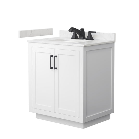 Wyndham Collection Miranda 30" Single Bathroom Vanity in White, Carrara Cultured Marble Countertop, Undermount Square Sink (3-Hole), Matte Black Trim