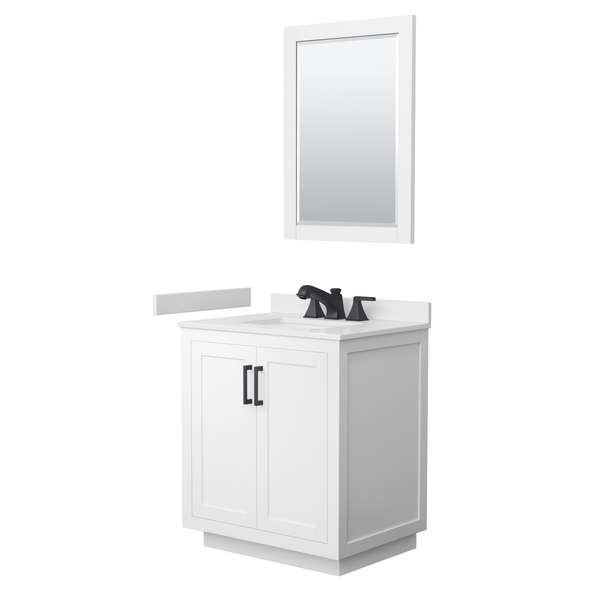 Wyndham Collection Miranda 30" Single Bathroom Vanity in White, White Cultured Marble Countertop, Undermount Square Sink (3-Hole), Matte Black Trim and 24" Mirror