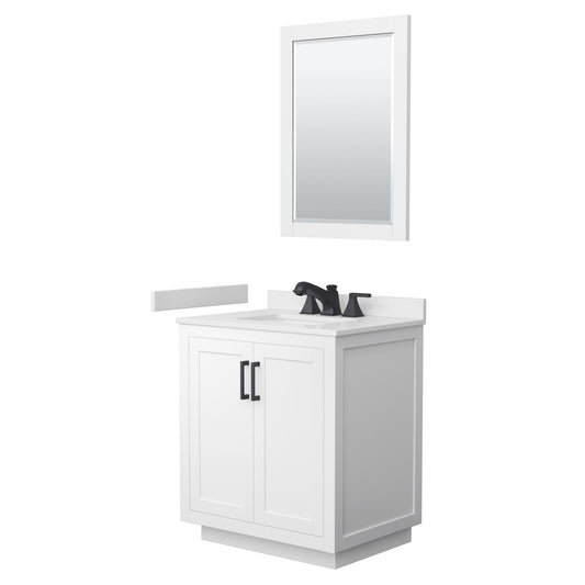 Wyndham Collection Miranda 30" Single Bathroom Vanity in White, White Cultured Marble Countertop, Undermount Square Sink (3-Hole), Matte Black Trim and 24" Mirror
