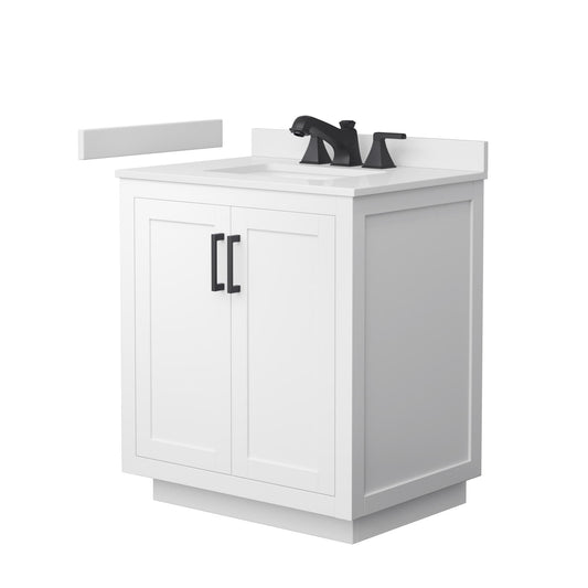 Wyndham Collection Miranda 30" Single Bathroom Vanity in White, White Cultured Marble Countertop, Undermount Square Sink (3-Hole), Matte Black Trim