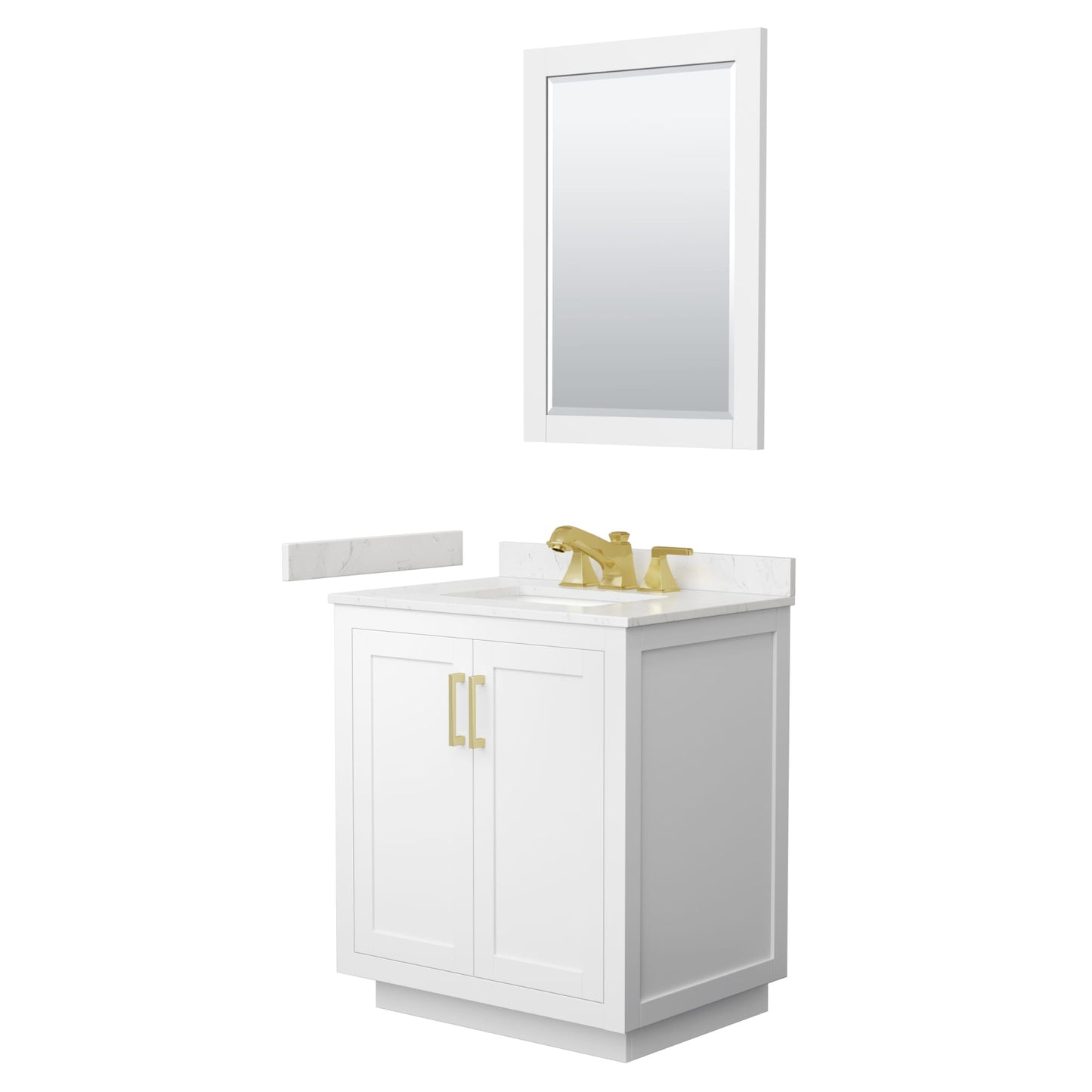 Wyndham Collection Miranda 30" Single Bathroom Vanity in White, Carrara Cultured Marble Countertop, Undermount Square Sink (3-Hole), Brushed Gold Trim and 24" Mirror