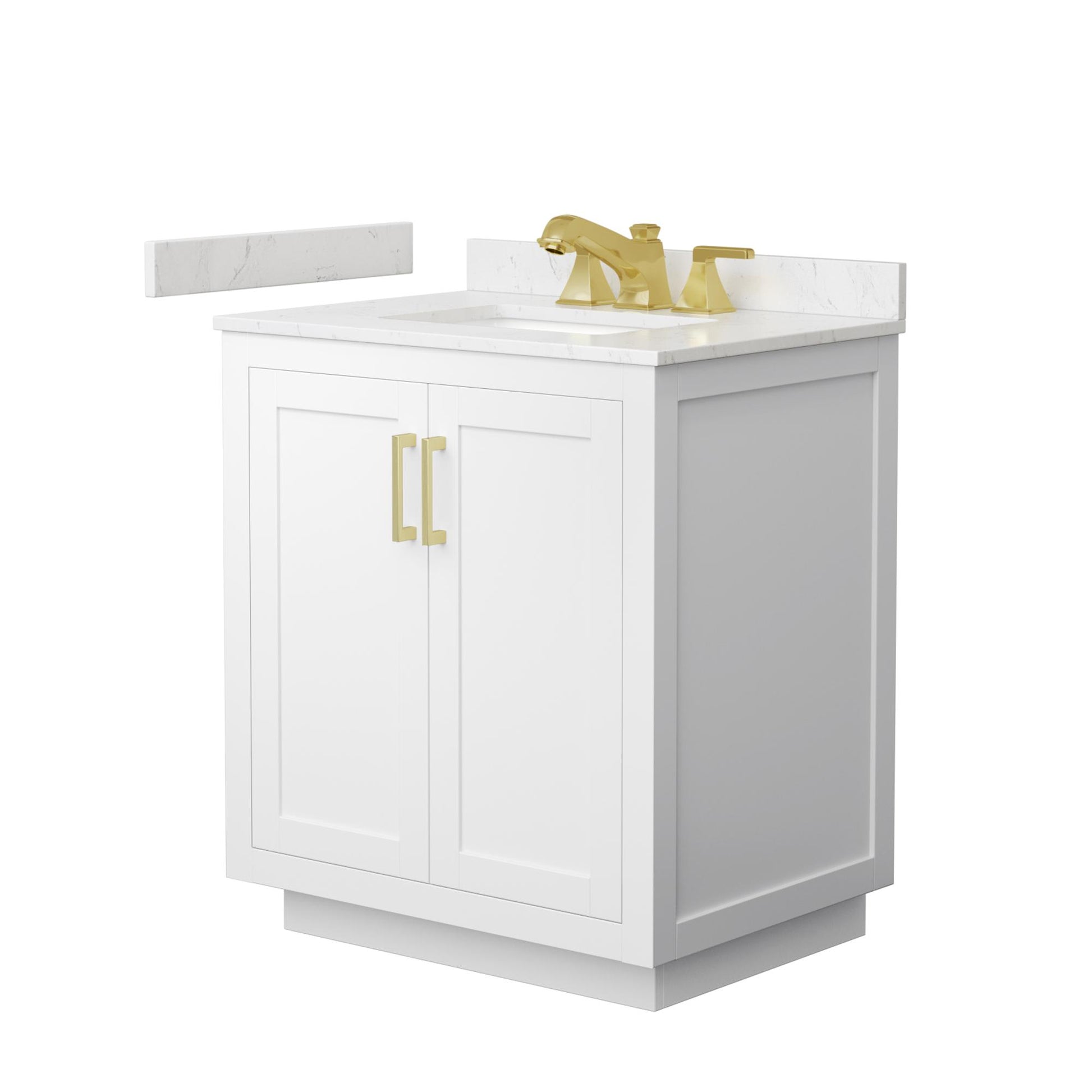 Wyndham Collection Miranda 30" Single Bathroom Vanity in White, Carrara Cultured Marble Countertop, Undermount Square Sink (3-Hole), Brushed Gold Trim