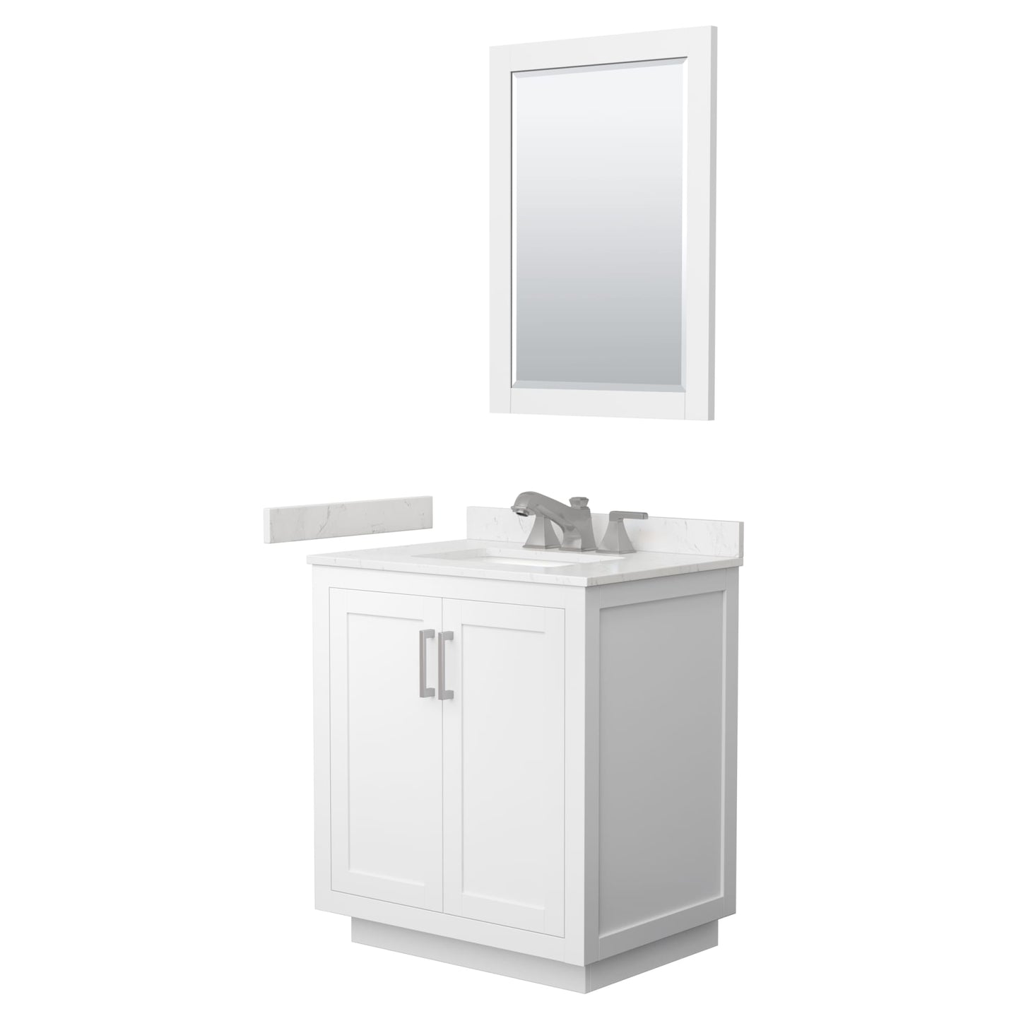 Wyndham Collection Miranda 30" Single Bathroom Vanity in White, Carrara Cultured Marble Countertop, Undermount Square Sink (3-Hole), Brushed Nickel Trim and 24" Mirror