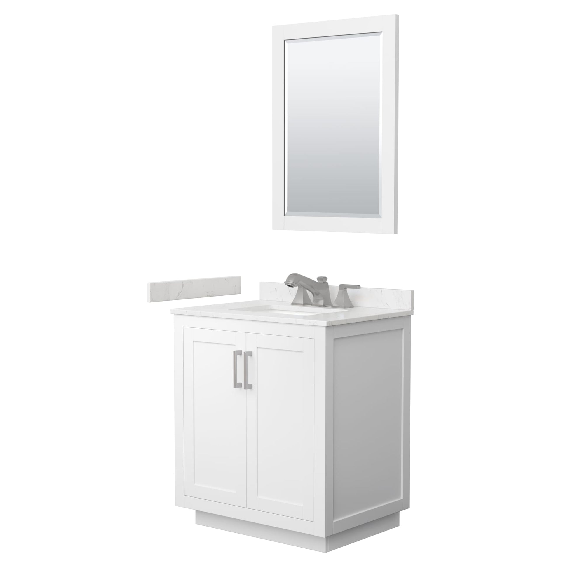 Wyndham Collection Miranda 30" Single Bathroom Vanity in White, Carrara Cultured Marble Countertop, Undermount Square Sink (3-Hole), Brushed Nickel Trim and 24" Mirror