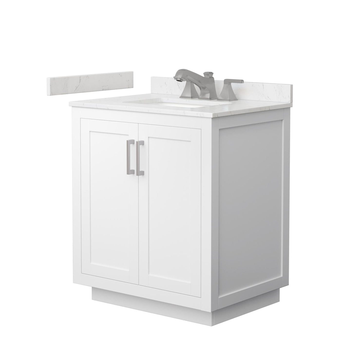 Wyndham Collection Miranda 30" Single Bathroom Vanity in White, Carrara Cultured Marble Countertop, Undermount Square Sink (3-Hole), Brushed Nickel Trim