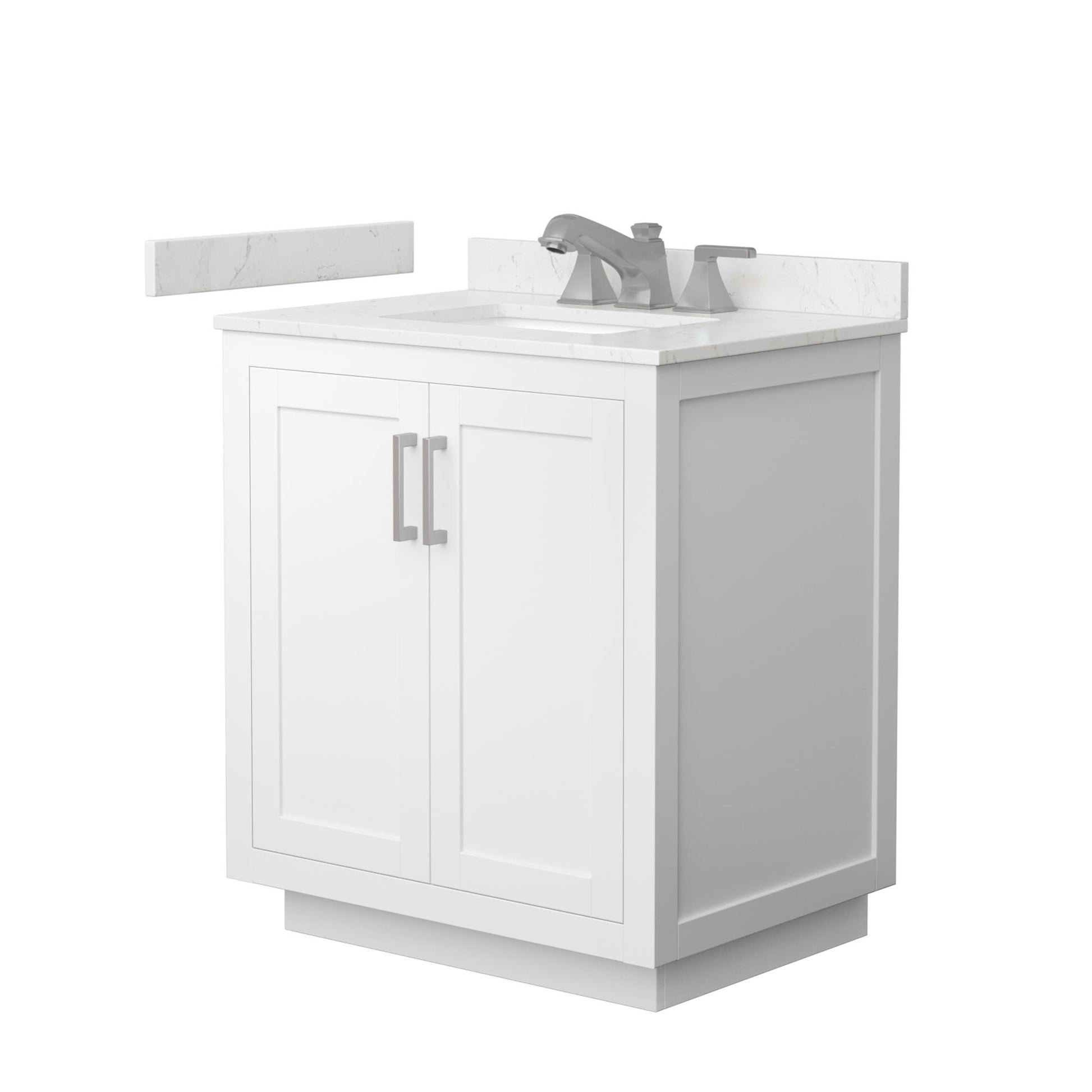 Wyndham Collection Miranda 30" Single Bathroom Vanity in White, Carrara Cultured Marble Countertop, Undermount Square Sink (3-Hole), Brushed Nickel Trim