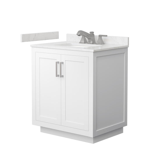 Wyndham Collection Miranda 30" Single Bathroom Vanity in White, Carrara Cultured Marble Countertop, Undermount Square Sink (3-Hole), Brushed Nickel Trim