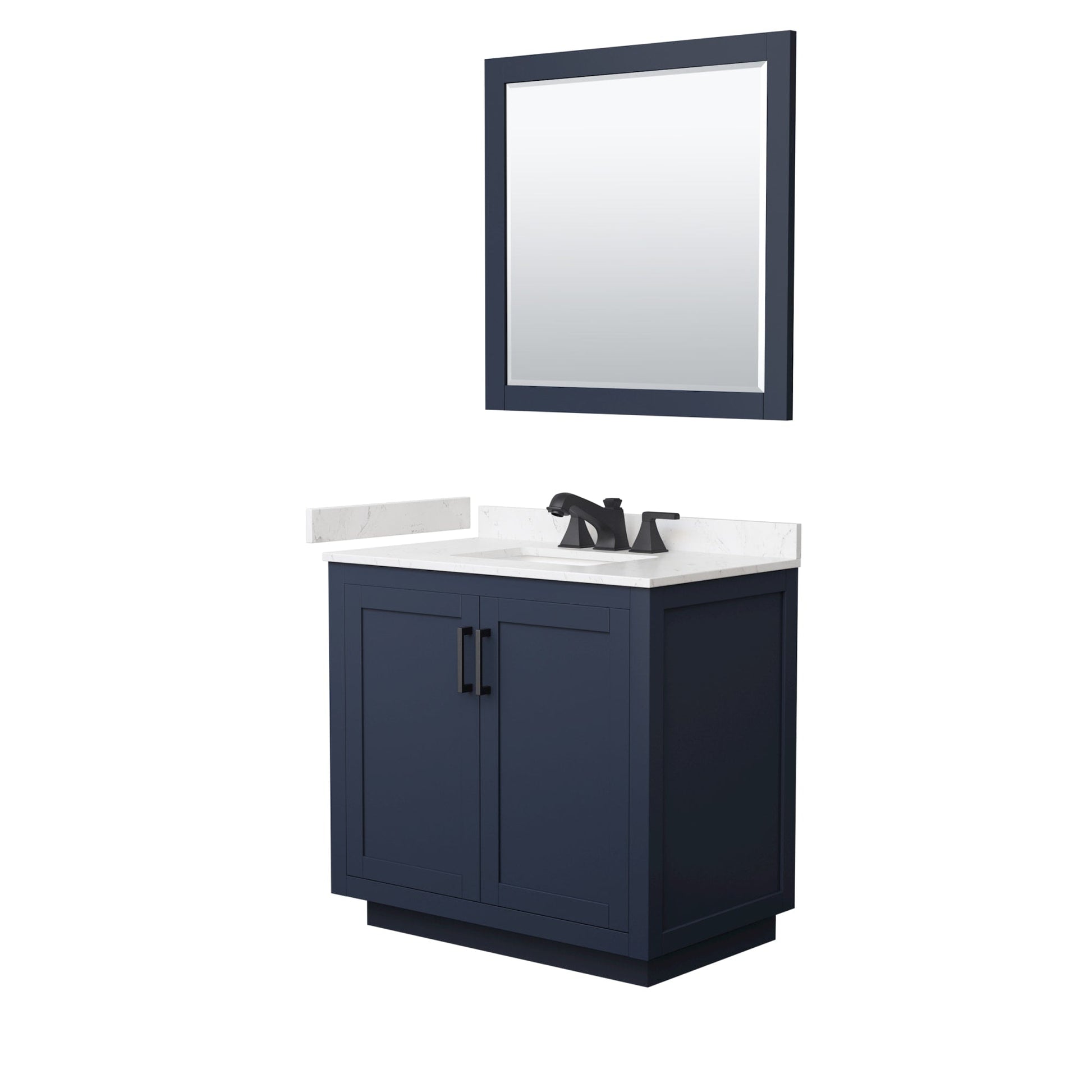 Wyndham Collection Miranda 36" Single Bathroom Vanity in Dark Blue, Carrara Cultured Marble Countertop, Undermount Square Sink (3-Hole), Matte Black Trim and 34" Mirror