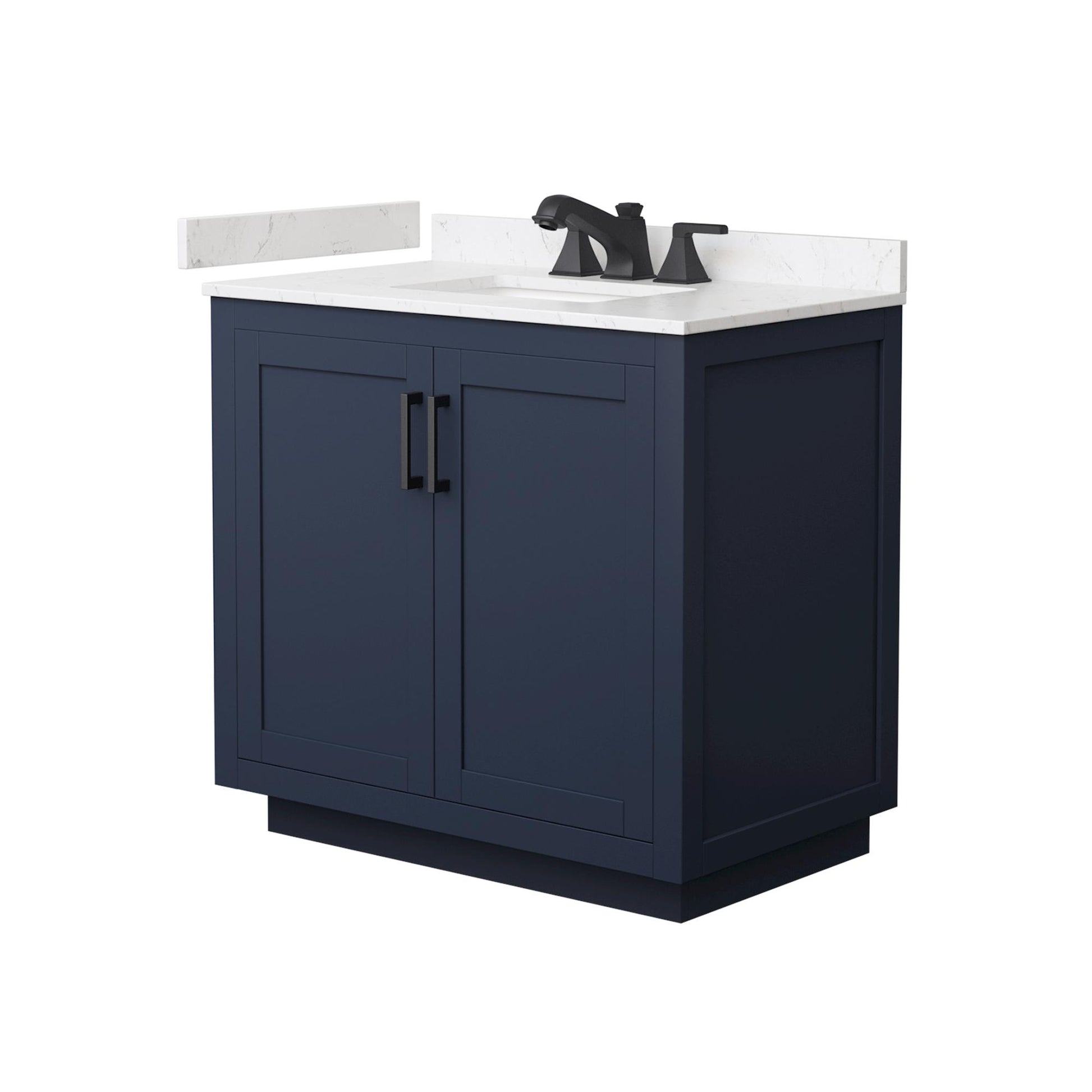 Wyndham Collection Miranda 36" Single Bathroom Vanity in Dark Blue, Carrara Cultured Marble Countertop, Undermount Square Sink (3-Hole), Matte Black Trim