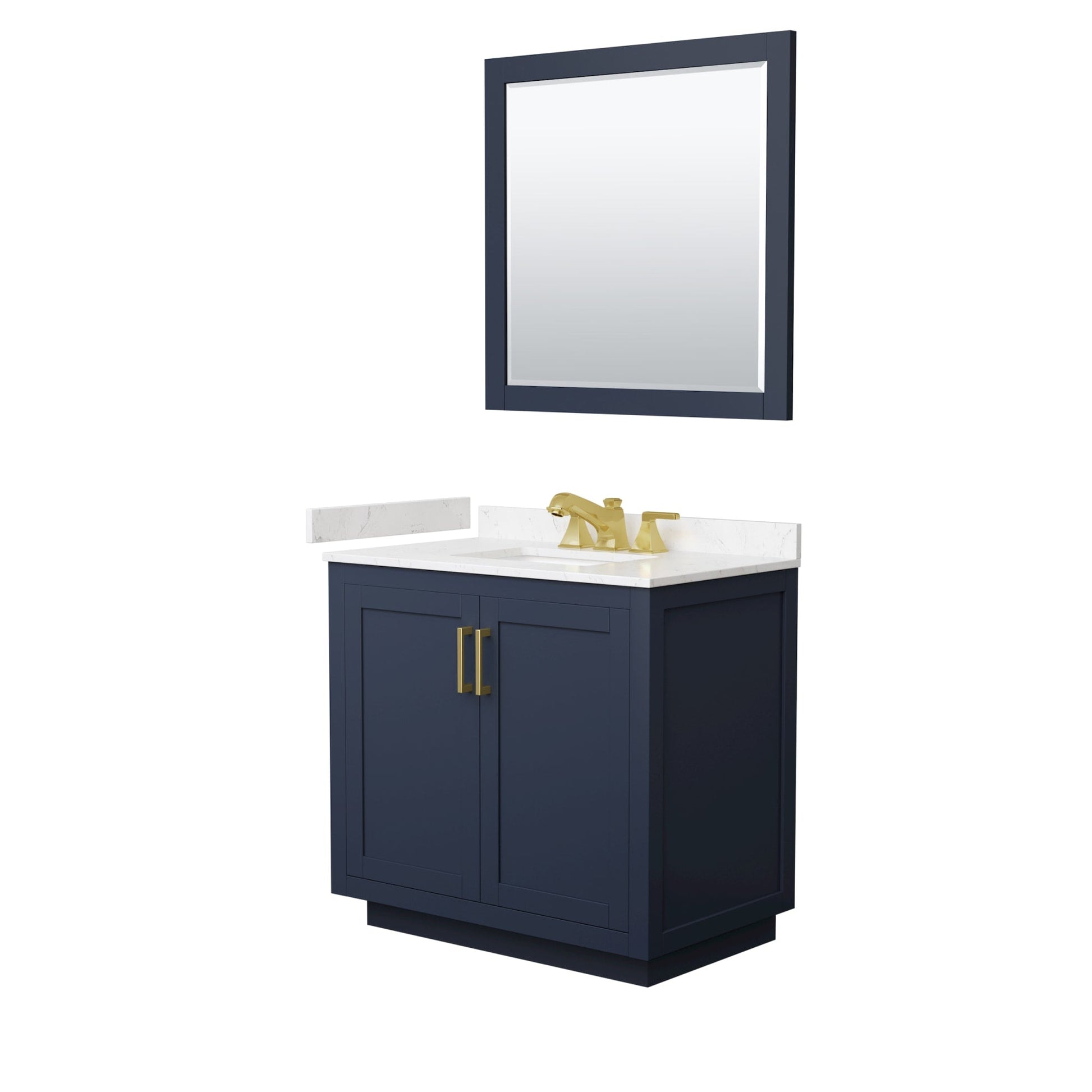 Wyndham Collection Miranda 36" Single Bathroom Vanity in Dark Blue, Carrara Cultured Marble Countertop, Undermount Square Sink (3-Hole), Brushed Gold Trim and 34" Mirror