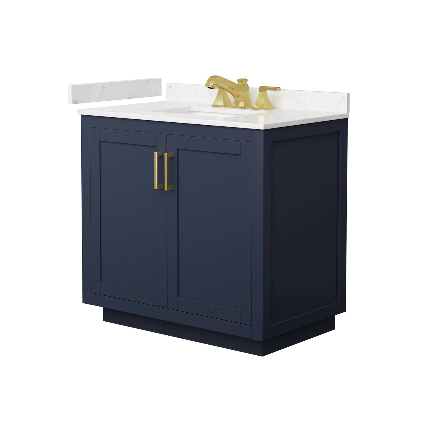 Wyndham Collection Miranda 36" Single Bathroom Vanity in Dark Blue, Carrara Cultured Marble Countertop, Undermount Square Sink (3-Hole), Brushed Gold Trim