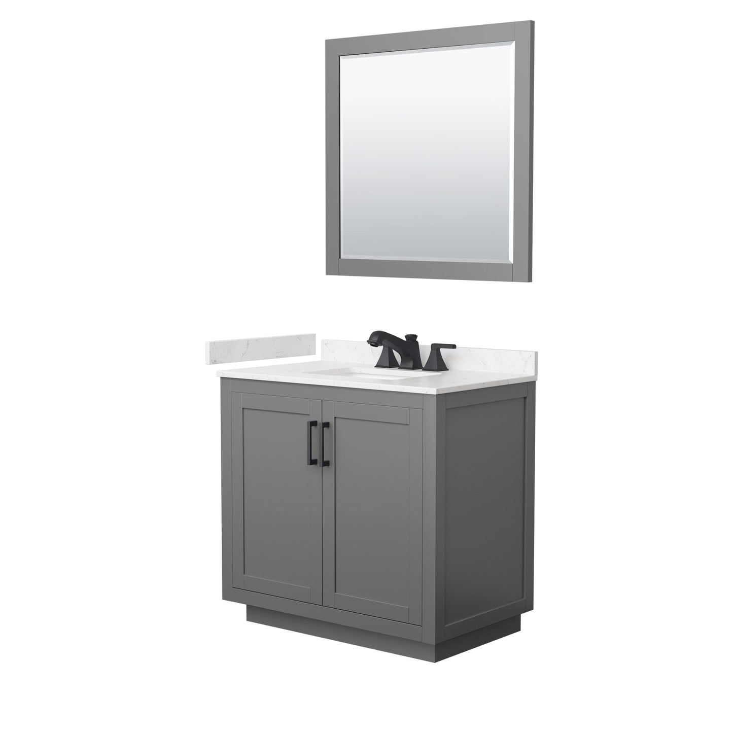 Wyndham Collection Miranda 36" Single Bathroom Vanity in Dark Gray, Carrara Cultured Marble Countertop, Undermount Square Sink (3-Hole), Matte Black Trim and 34" Mirror