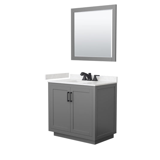 Wyndham Collection Miranda 36" Single Bathroom Vanity in Dark Gray, Carrara Cultured Marble Countertop, Undermount Square Sink (3-Hole), Matte Black Trim and 34" Mirror