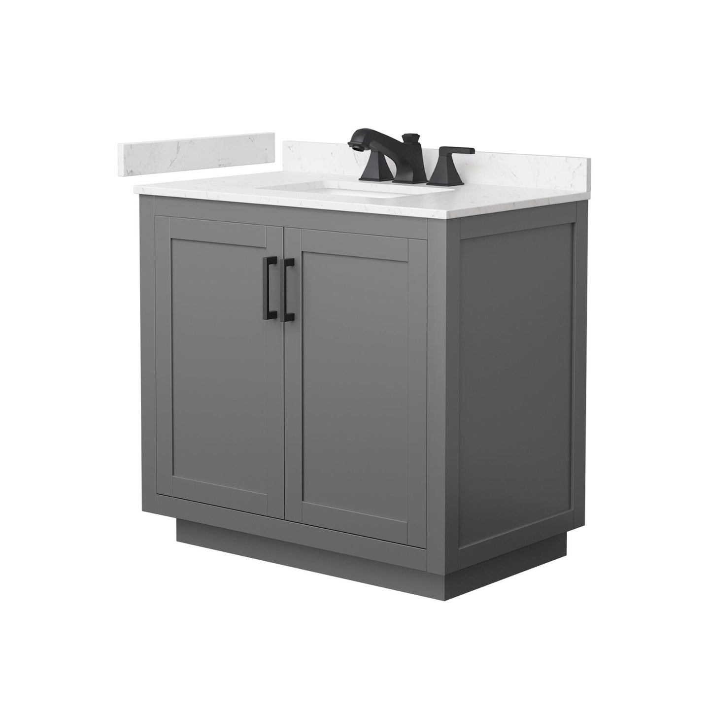 Wyndham Collection Miranda 36" Single Bathroom Vanity in Dark Gray, Carrara Cultured Marble Countertop, Undermount Square Sink (3-Hole), Matte Black Trim
