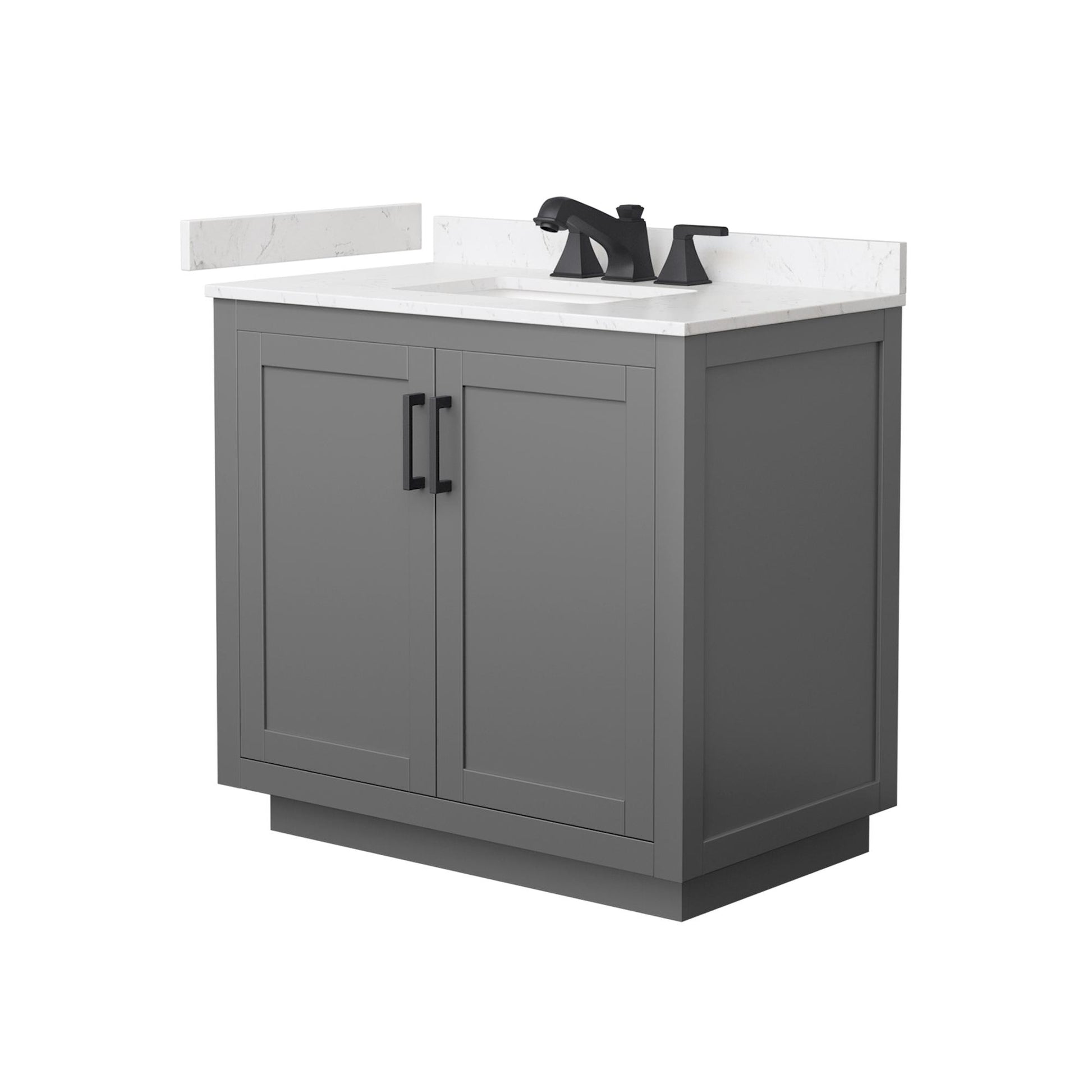 Wyndham Collection Miranda 36" Single Bathroom Vanity in Dark Gray, Carrara Cultured Marble Countertop, Undermount Square Sink (3-Hole), Matte Black Trim
