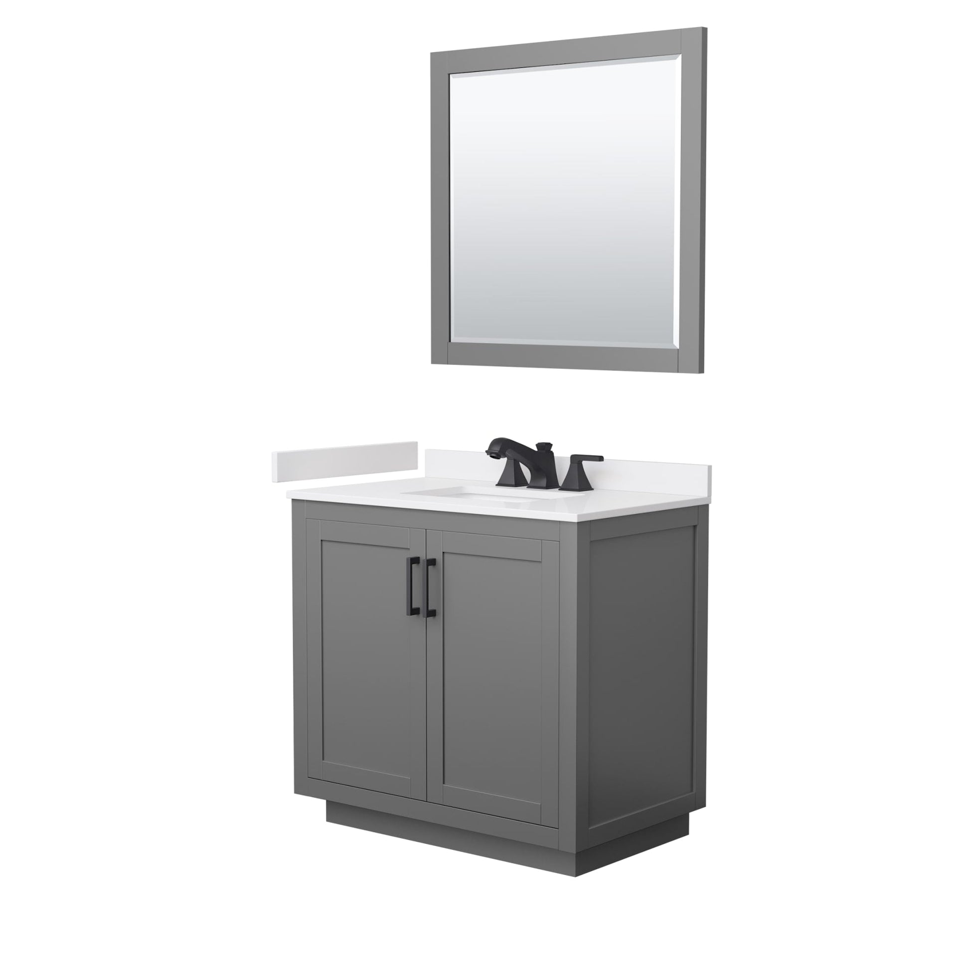 Wyndham Collection Miranda 36" Single Bathroom Vanity in Dark Gray, White Cultured Marble Countertop, Undermount Square Sink (3-Hole), Matte Black Trim and 34" Mirror
