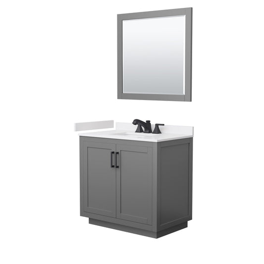 Wyndham Collection Miranda 36" Single Bathroom Vanity in Dark Gray, White Cultured Marble Countertop, Undermount Square Sink (3-Hole), Matte Black Trim and 34" Mirror