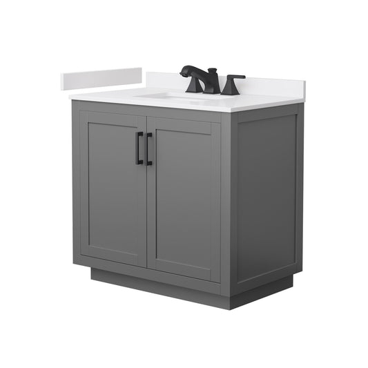 Wyndham Collection Miranda 36" Single Bathroom Vanity in Dark Gray, White Cultured Marble Countertop, Undermount Square Sink (3-Hole), Matte Black Trim