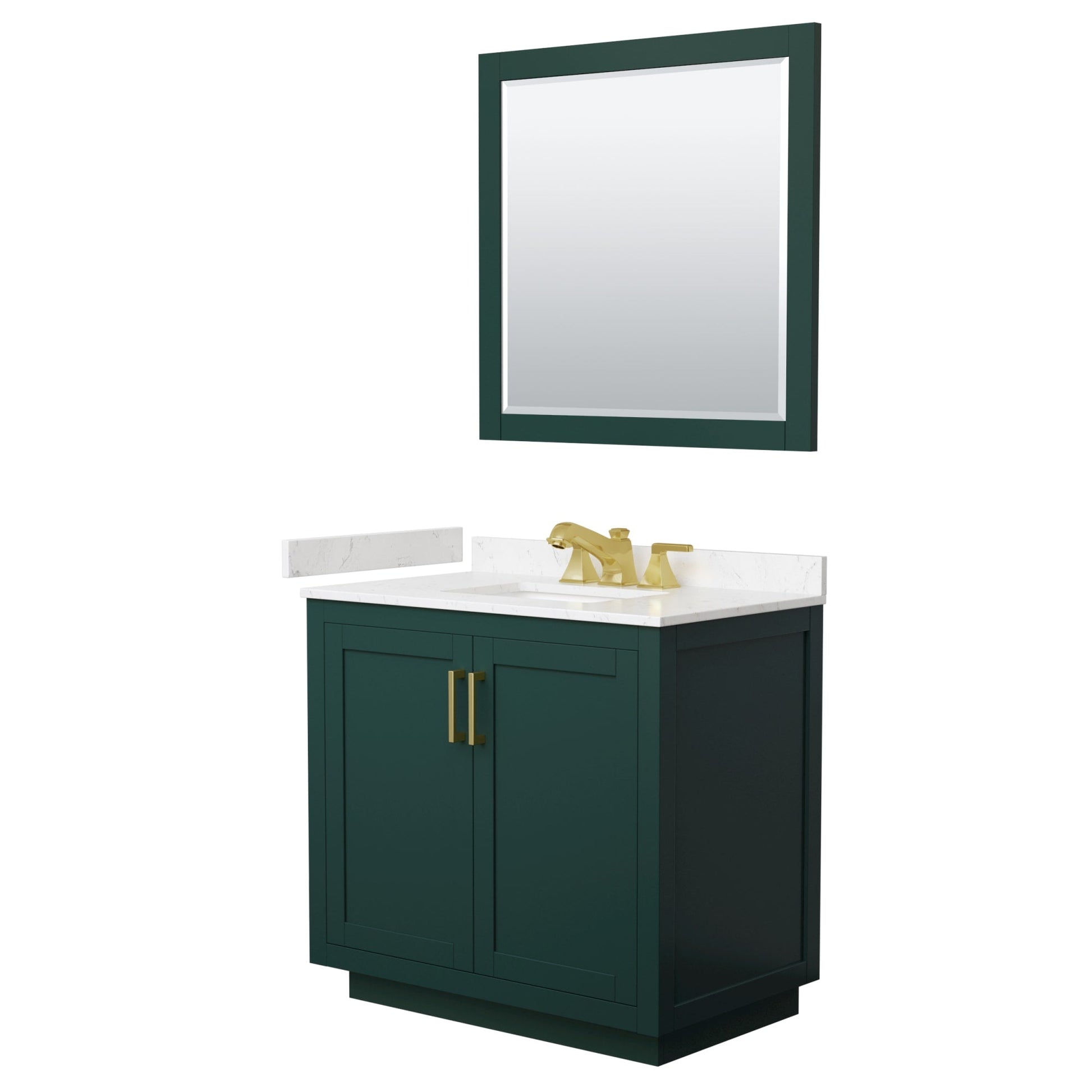 Wyndham Collection Miranda 36" Single Bathroom Vanity in Green, Carrara Cultured Marble Countertop, Undermount Square Sink (3-Hole), Brushed Gold Trim and 34" Mirror