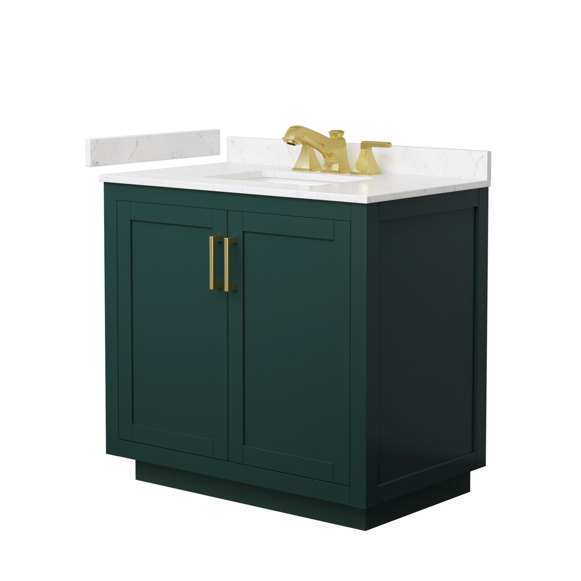 Wyndham Collection Miranda 36" Single Bathroom Vanity in Green, Carrara Cultured Marble Countertop, Undermount Square Sink (3-Hole), Brushed Gold Trim