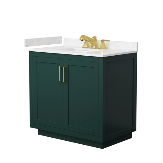 Wyndham Collection Miranda 36" Single Bathroom Vanity in Green, Carrara Cultured Marble Countertop, Undermount Square Sink (3-Hole), Brushed Gold Trim