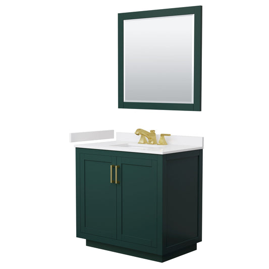 Wyndham Collection Miranda 36" Single Bathroom Vanity in Green, White Cultured Marble Countertop, Undermount Square Sink (3-Hole), Brushed Gold Trim and 34" Mirror