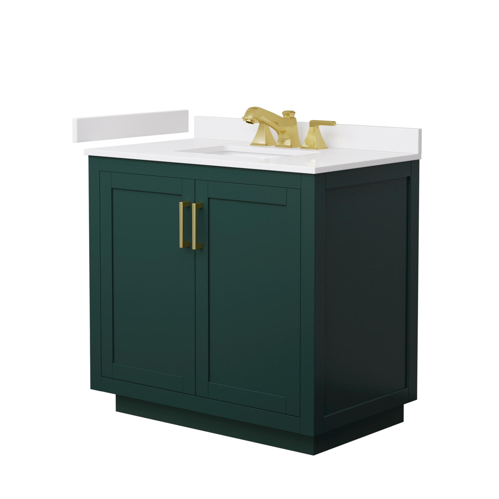 Wyndham Collection Miranda 36" Single Bathroom Vanity in Green, White Cultured Marble Countertop, Undermount Square Sink (3-Hole), Brushed Gold Trim
