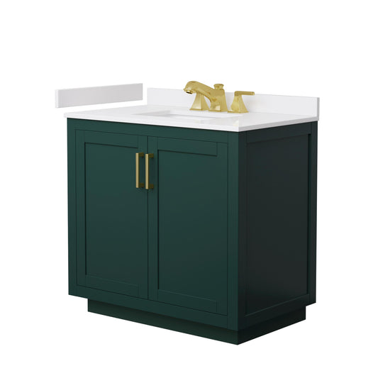 Wyndham Collection Miranda 36" Single Bathroom Vanity in Green, White Cultured Marble Countertop, Undermount Square Sink (3-Hole), Brushed Gold Trim