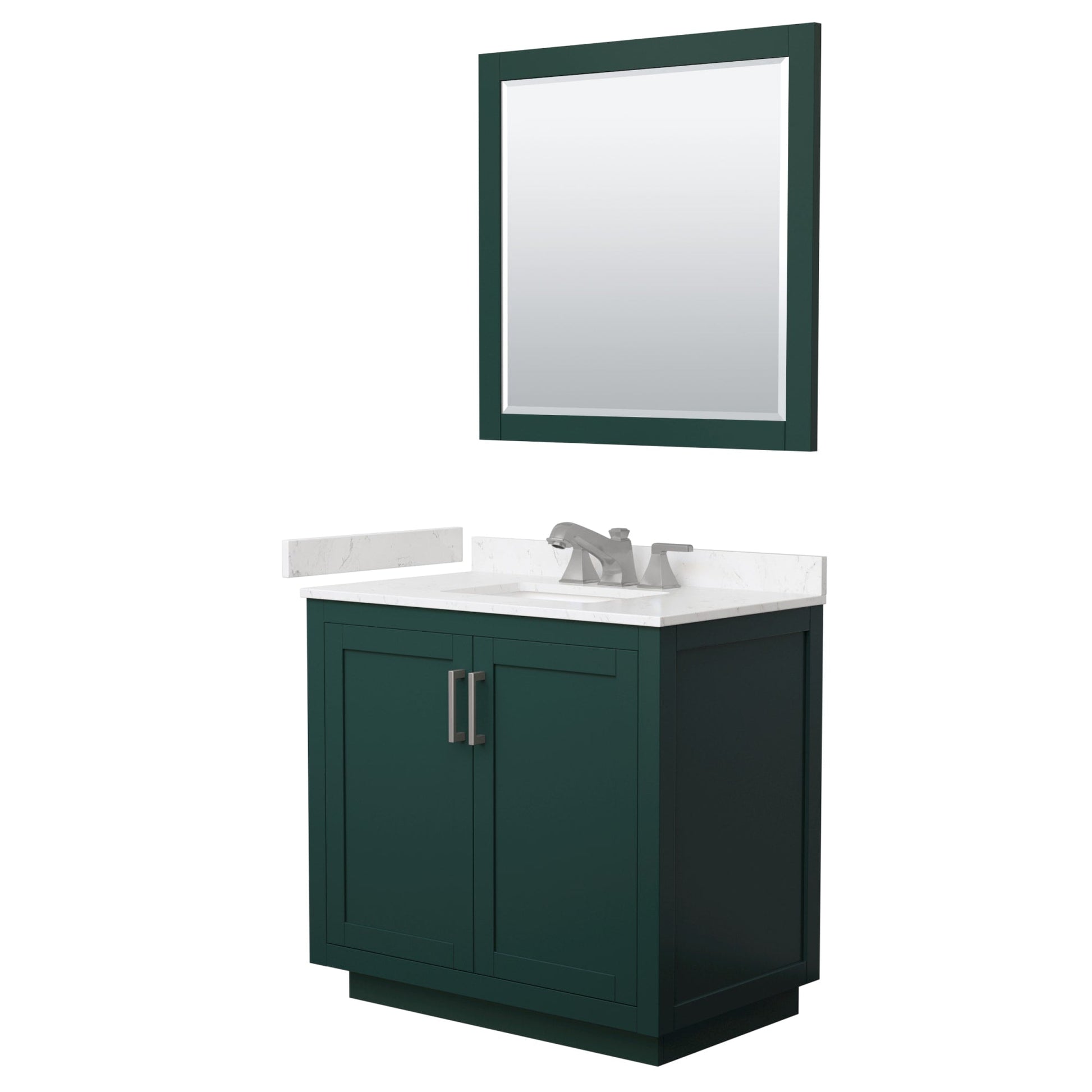 Wyndham Collection Miranda 36" Single Bathroom Vanity in Green, Carrara Cultured Marble Countertop, Undermount Square Sink (3-Hole), Brushed Nickel Trim and 34" Mirror
