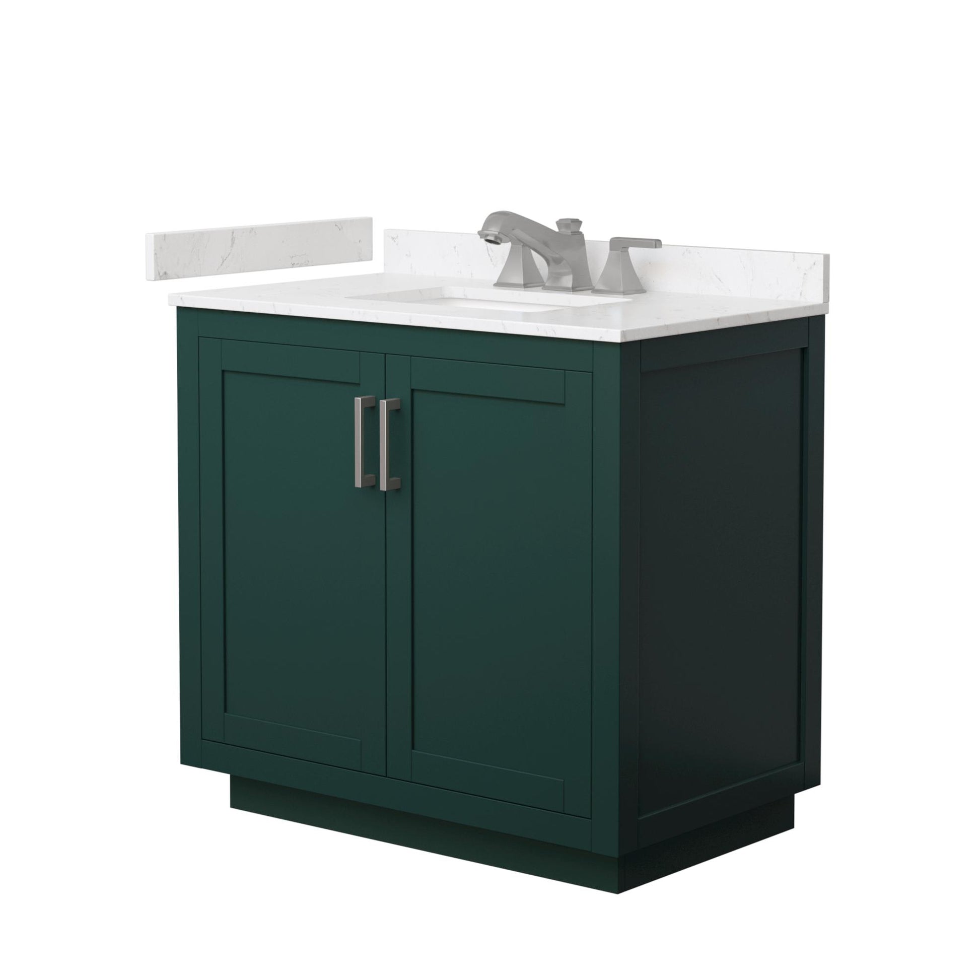 Wyndham Collection Miranda 36" Single Bathroom Vanity in Green, Carrara Cultured Marble Countertop, Undermount Square Sink (3-Hole), Brushed Nickel Trim
