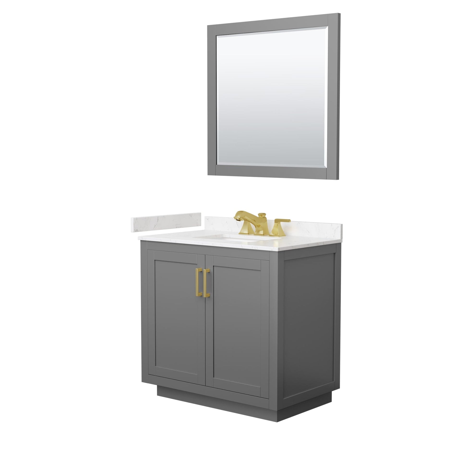 Wyndham Collection Miranda 36" Single Bathroom Vanity in Dark Gray, Carrara Cultured Marble Countertop, Undermount Square Sink (3-Hole), Brushed Gold Trim and 34" Mirror