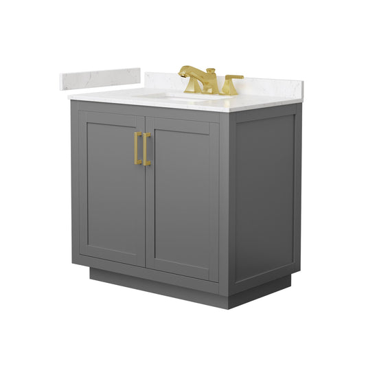 Wyndham Collection Miranda 36" Single Bathroom Vanity in Dark Gray, Carrara Cultured Marble Countertop, Undermount Square Sink (3-Hole), Brushed Gold Trim
