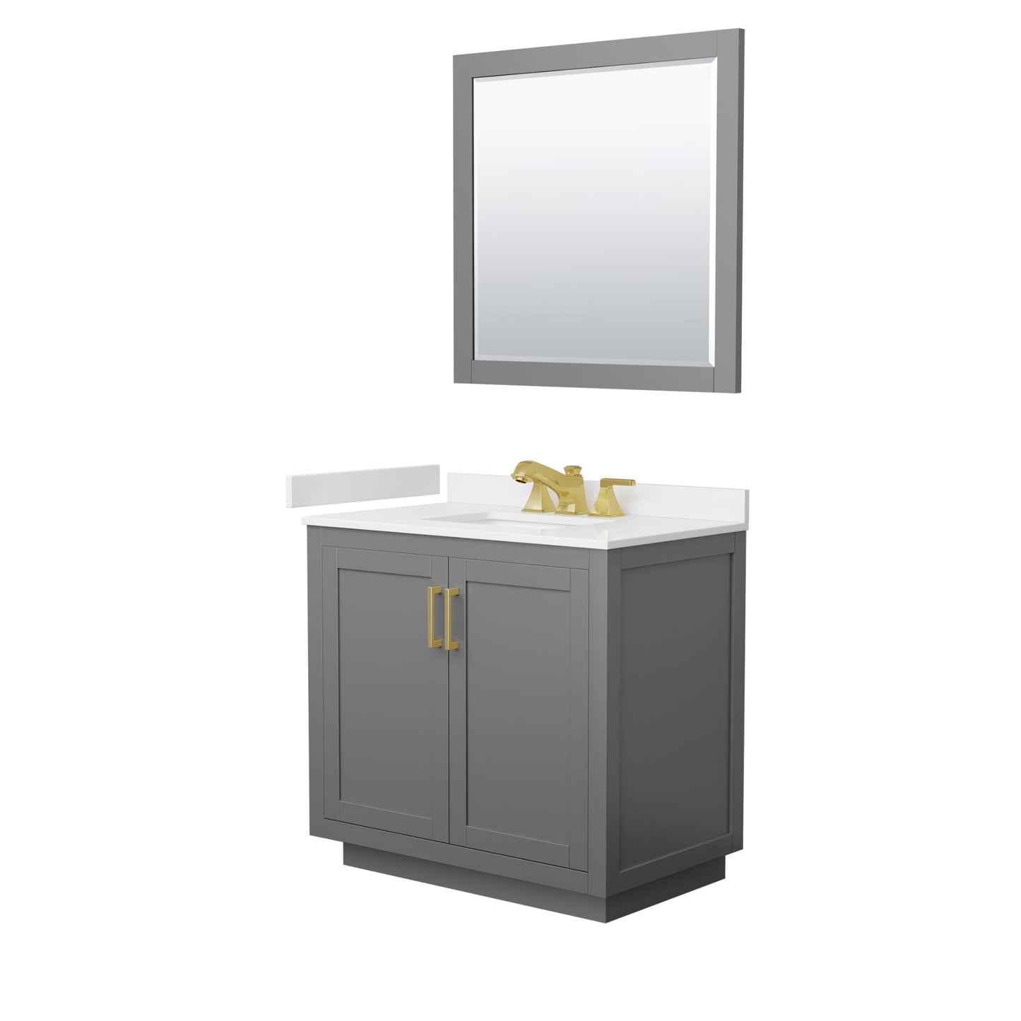Wyndham Collection Miranda 36" Single Bathroom Vanity in Dark Gray, White Cultured Marble Countertop, Undermount Square Sink (3-Hole), Brushed Gold Trim and 34" Mirror
