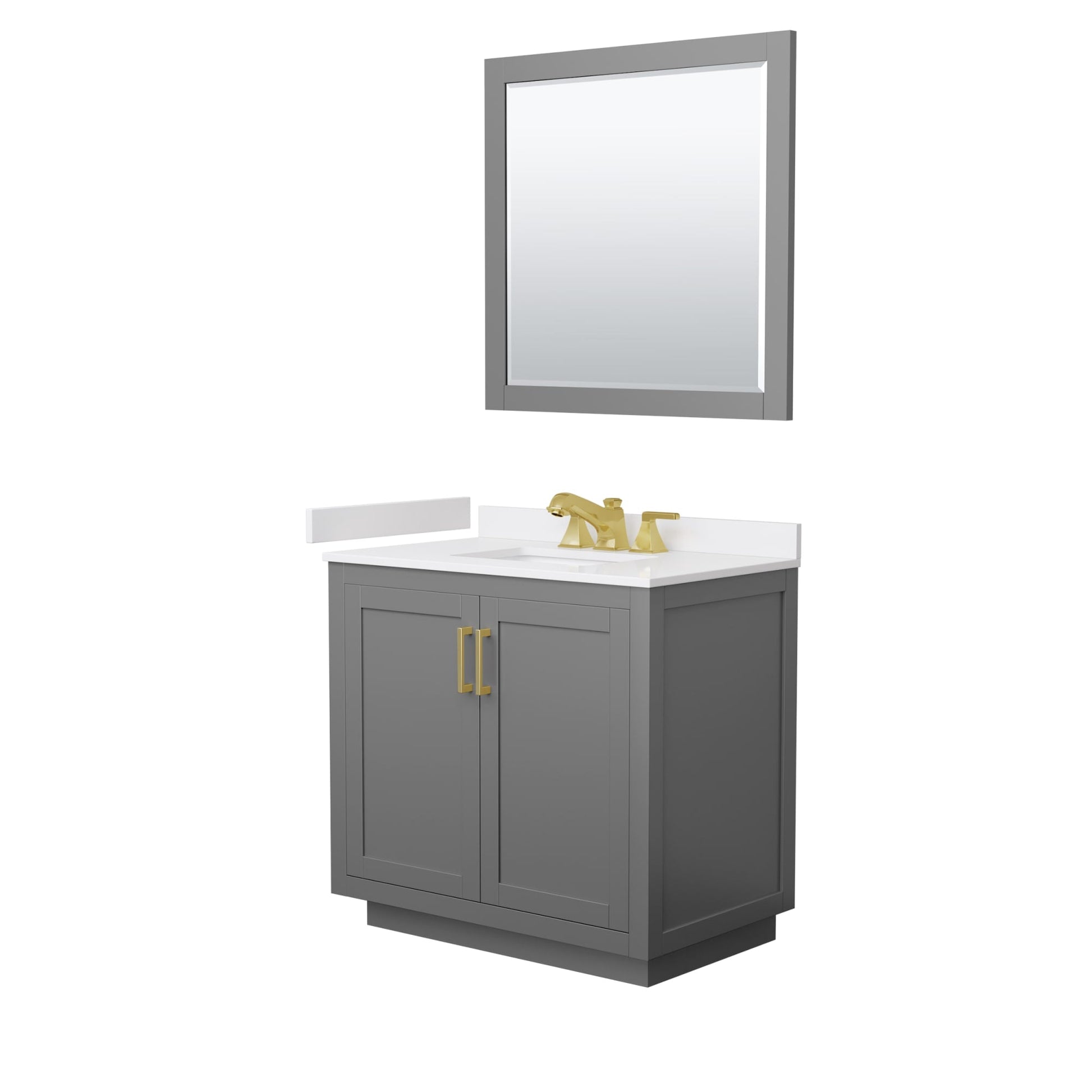 Wyndham Collection Miranda 36" Single Bathroom Vanity in Dark Gray, White Cultured Marble Countertop, Undermount Square Sink (3-Hole), Brushed Gold Trim and 34" Mirror