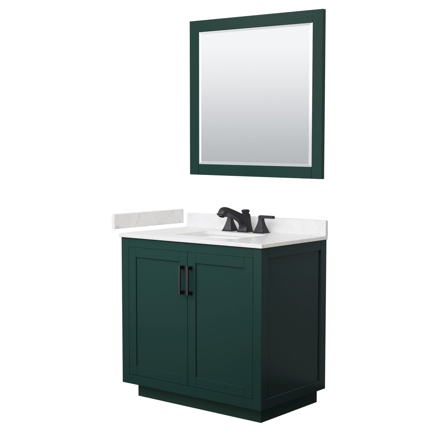 Wyndham Collection Miranda 36" Single Bathroom Vanity in Green, Carrara Cultured Marble Countertop, Undermount Square Sink (3-Hole), Matte Black Trim and 34" Mirror