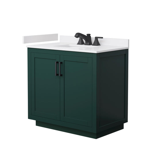 Wyndham Collection Miranda 36" Single Bathroom Vanity in Green, White Cultured Marble Countertop, Undermount Square Sink (3-Hole), Matte Black Trim