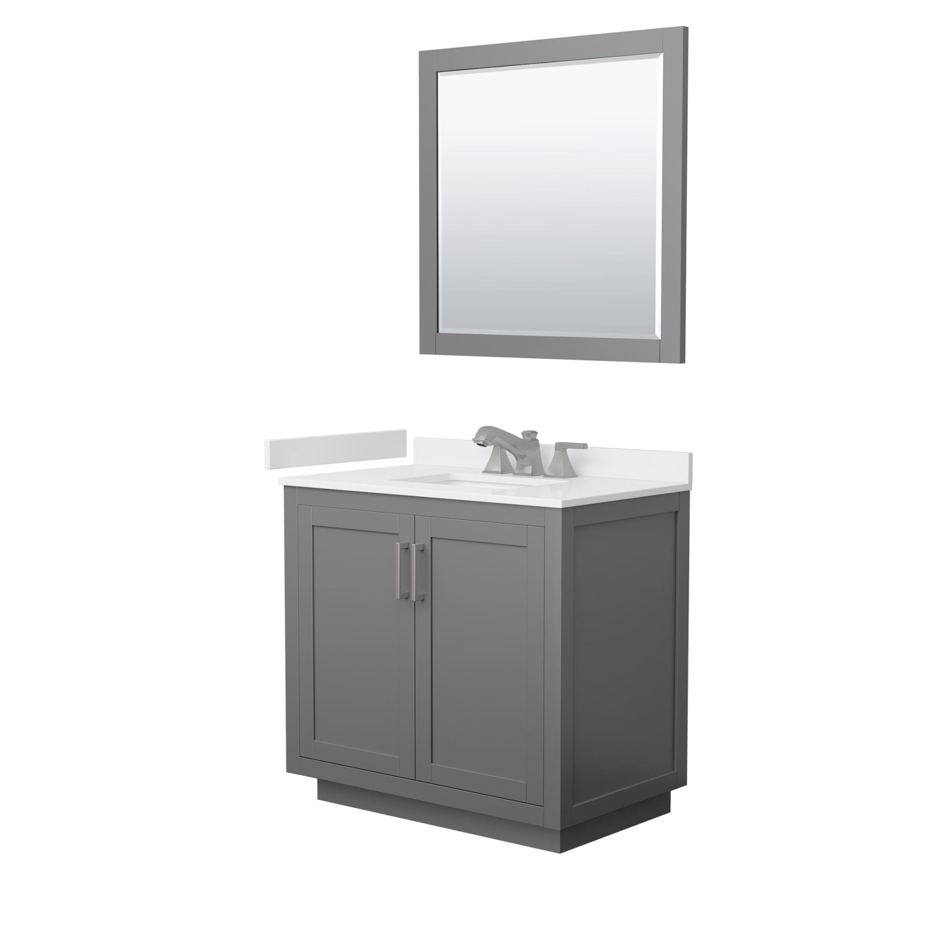 Wyndham Collection Miranda 36" Single Bathroom Vanity in Dark Gray, White Cultured Marble Countertop, Undermount Square Sink (3-Hole), Brushed Nickel Trim and 34" Mirror