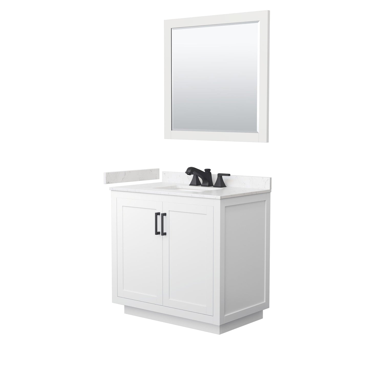 Wyndham Collection Miranda 36" Single Bathroom Vanity in White, Carrara Cultured Marble Countertop, Undermount Square Sink (3-Hole), Matte Black Trim and 34" Mirror