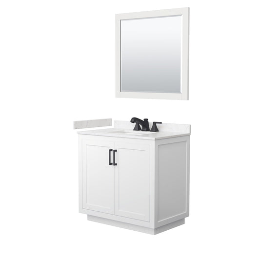 Wyndham Collection Miranda 36" Single Bathroom Vanity in White, Carrara Cultured Marble Countertop, Undermount Square Sink (3-Hole), Matte Black Trim and 34" Mirror