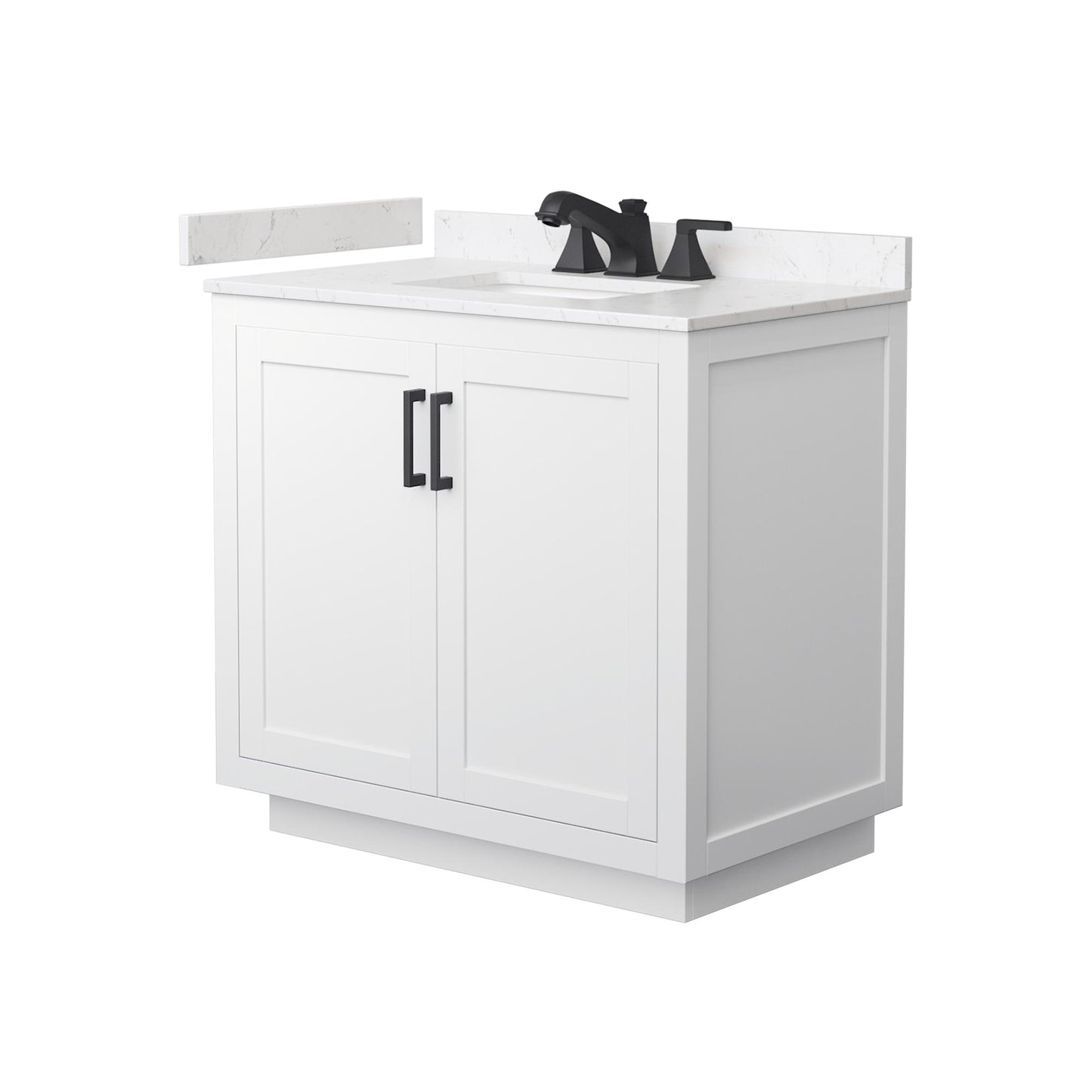 Wyndham Collection Miranda 36" Single Bathroom Vanity in White, Carrara Cultured Marble Countertop, Undermount Square Sink (3-Hole), Matte Black Trim